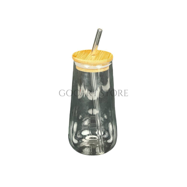 Tall Glass With Wood Lid and Straw