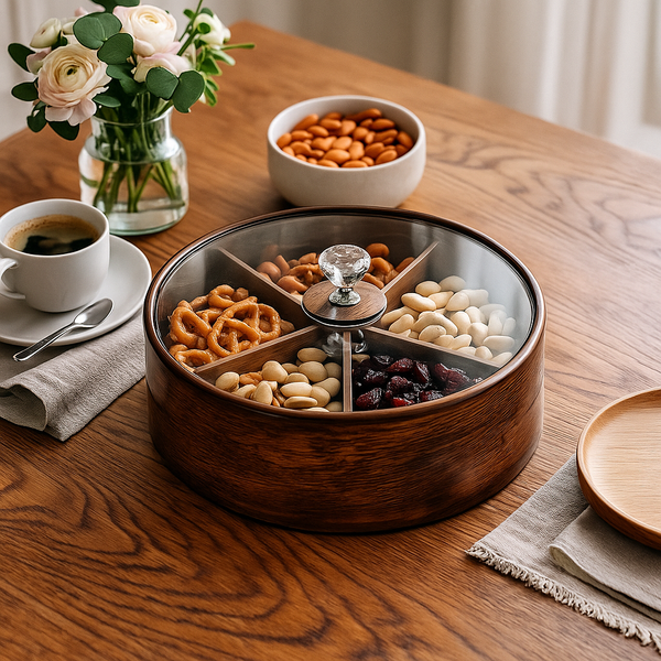 Segmented Wooden Serving Box with Clear Lid
