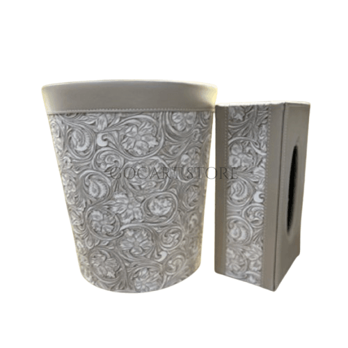 Leather Tissue Box & Dustbin Set - Floral 3.0